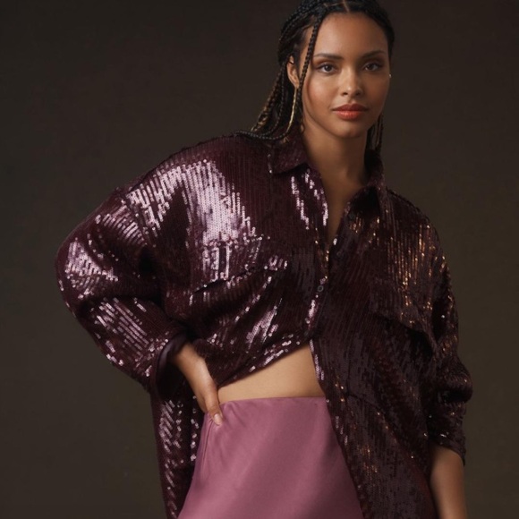 Anthropologie Pilcro Sequin Buttondown Shirt In Plum 2X - Picture 7 of 14